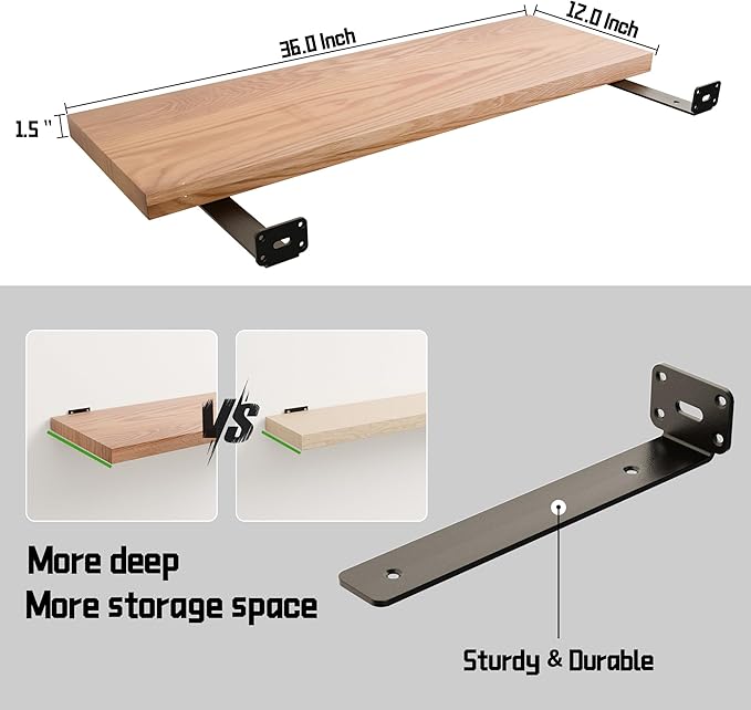 36 Inch Solid Oak Floating Shelves - Natural Wood 12 Inch Deep Wall Shelf, Rustic Display Shelf, Hanging Wall Shelf Decoration for Bedroom, Bathroom, Living Room