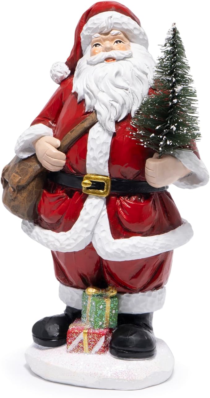 Hodao Christmas Santa Figurine Holding Tree, Hand-Painted Resin Santa Claus Statue with Gifts, Festive Holiday Decoration for Tabletop, Mantel, Shelf, Home Décor Accent