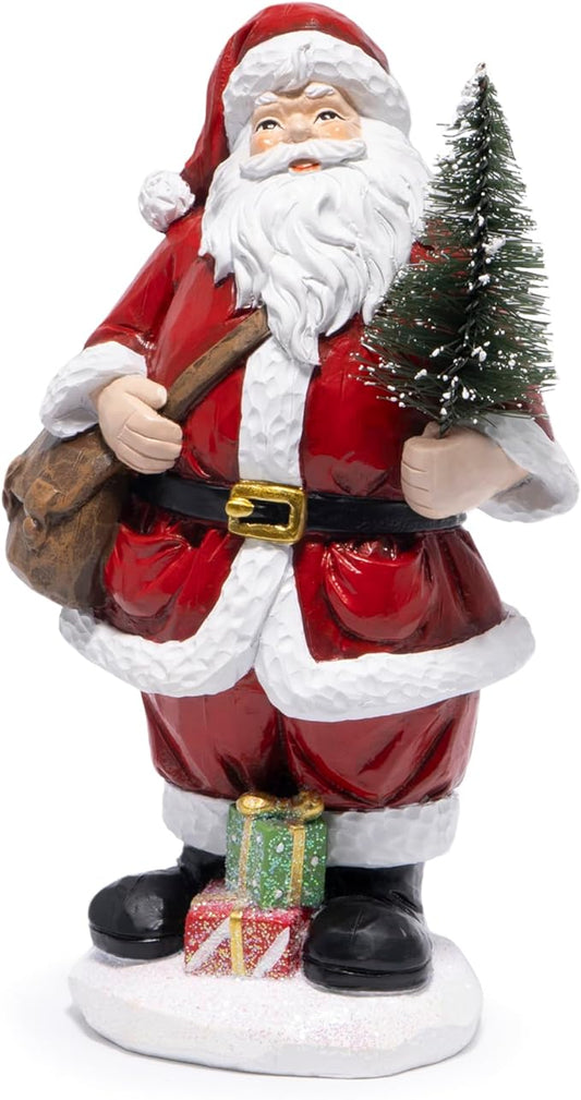 Hodao Christmas Santa Figurine Holding Tree, Hand-Painted Resin Santa Claus Statue with Gifts, Festive Holiday Decoration for Tabletop, Mantel, Shelf, Home Décor Accent