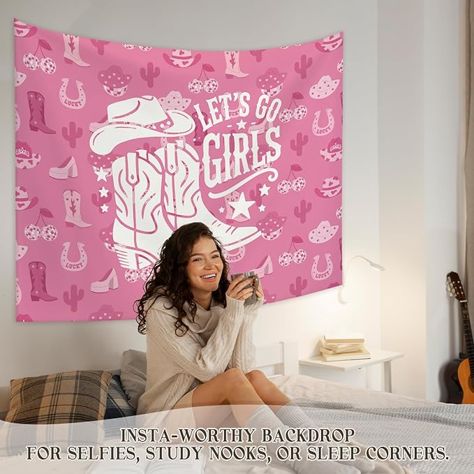STHTTSW Pink Cowgirl Tapestry, Pink Coastal Let' s Go Girls Tapestries Wall Blanket, Preppy Girly Wall Hanging Decor for Teen Girl Women College Dorm Apartment Bedroom, 50x60 Inch