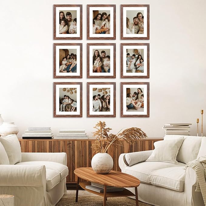 8x10 Picture Frame Set of 9, Display Pictures 5x7 with Mat or 8 x 10 Without Mat, Multi Photo Frames for Wall Mounting or Table Top Display, Rustic Brown