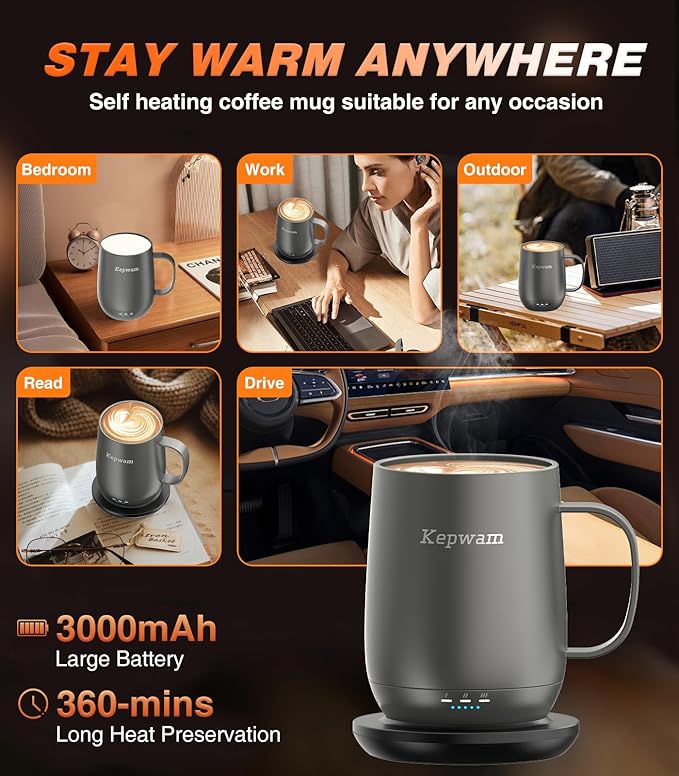Self Heating Coffee Mug T2, 16oz Smart Heated Coffee Mug, 150 Min Battery Life - Hot up to 149℉ Temperature Control Coffee Mug Warmer, Gifts for Dad Mom (No APP)