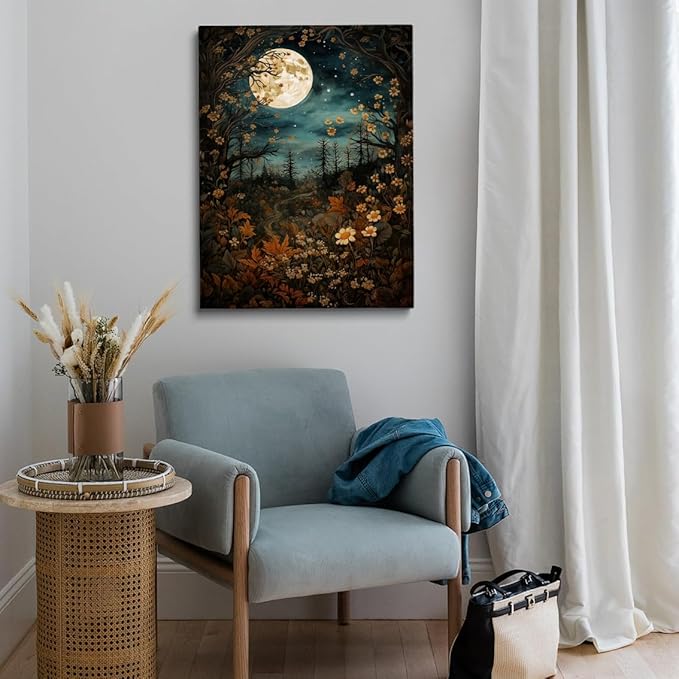 Vintage Moon Posters Painting Art, William Morris Full Moon Above Woodland Print - Morris Exhibition Print,Botanical Art Wall Decor for Bedroom Kitchen Living Room Office 20x30in Unframed poster