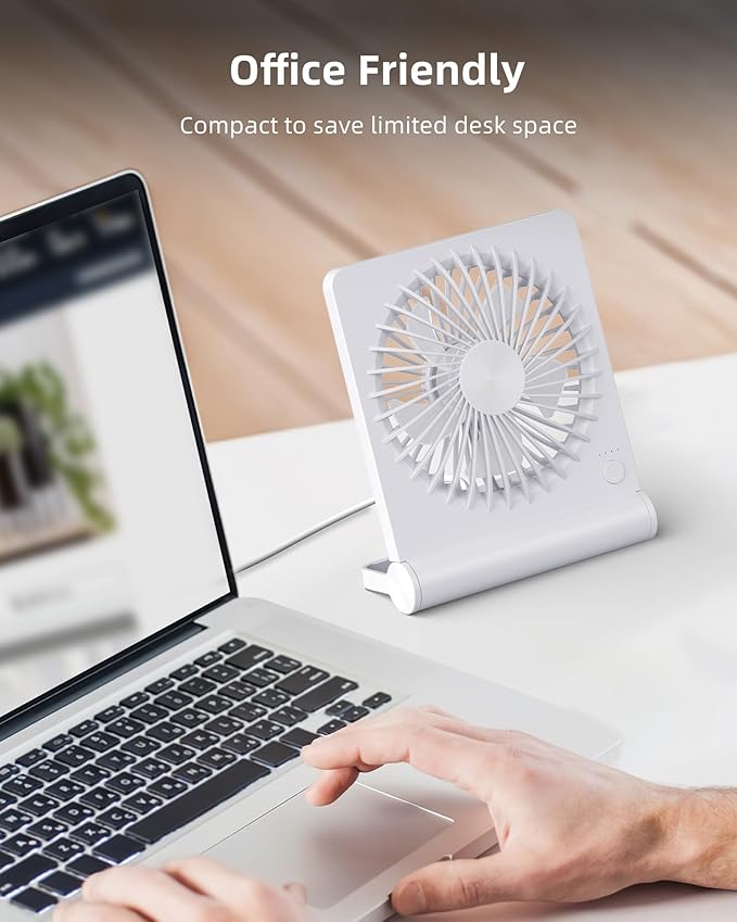Koonie USB Fan, Strong Wind Ultra Quiet Small Desk Fan 220° Tilt Folding 3 Speeds Adjustable USB-C Powered Personal Fan for Home Office Desktop, White, NO BATTERY
