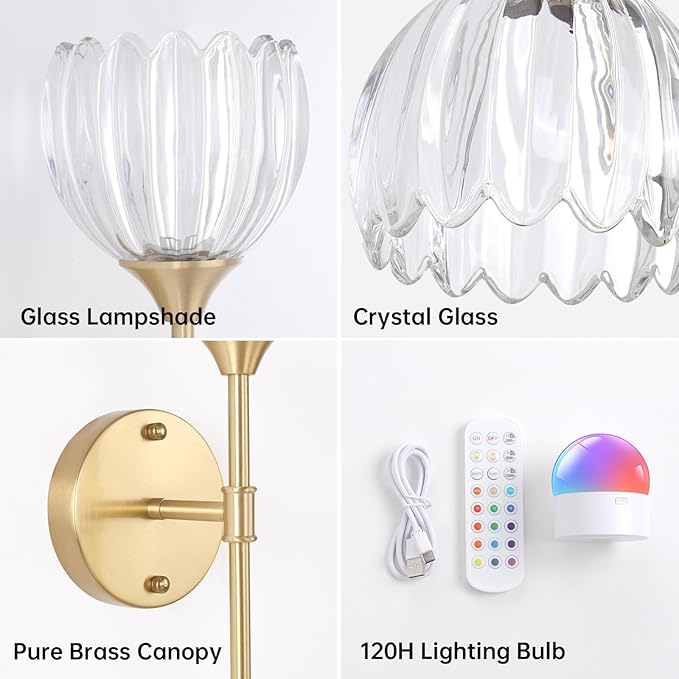 Battery Operated Wall Sconce Set of 2, Clear Tulip Vintage Wall Light Fixture Rechargeable 5000mAh Battery Powered Wall Lamp with Remote for Living Room Bathroom