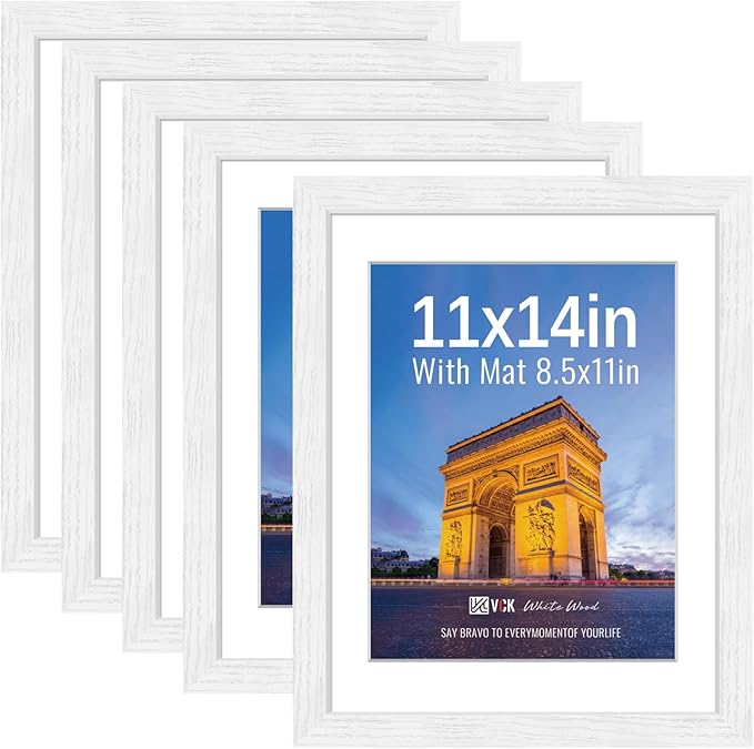 VCK 11x14 Picture Frames White Set of 5, Wide Border Wood, Tempered Glass, Display 8.5x11 Photo with Mat or 11 x 14 without, for Home, Office, Gallery, Woodgrain Series, Wall Hanging