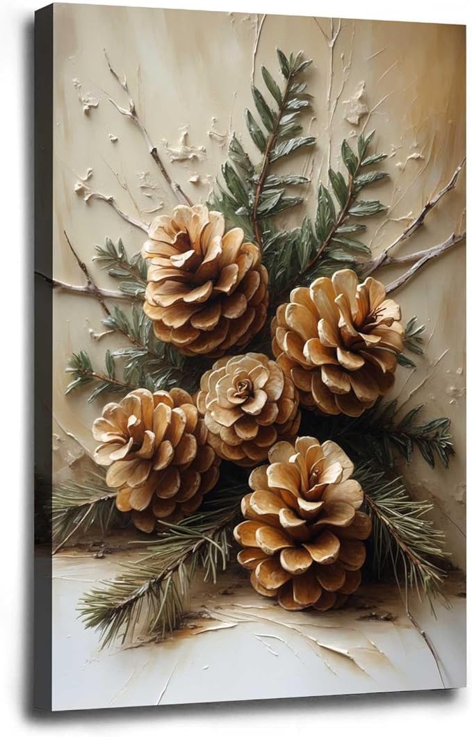 Vintage Christmas Canvas Painting Rustic Nature Print Forest Canvas Wall Art Botanical Wall Decor Brown Green Painting Poster Indoor Decor for Home Offices Living Room Bedroom Framed Ready to Hang