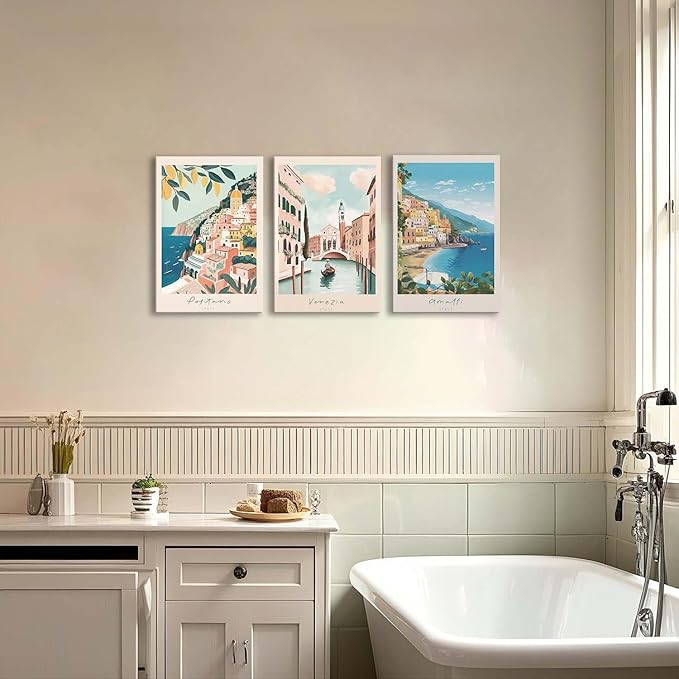 XLARTMY Italy Amalfi Coast Travel Posters Wall Art Framed Canvas Decor City Landscape Blue Venice Coast Painting Beach Modern Artwork for Living Room Bedroom Bathroom Office Set of 3 16x24in