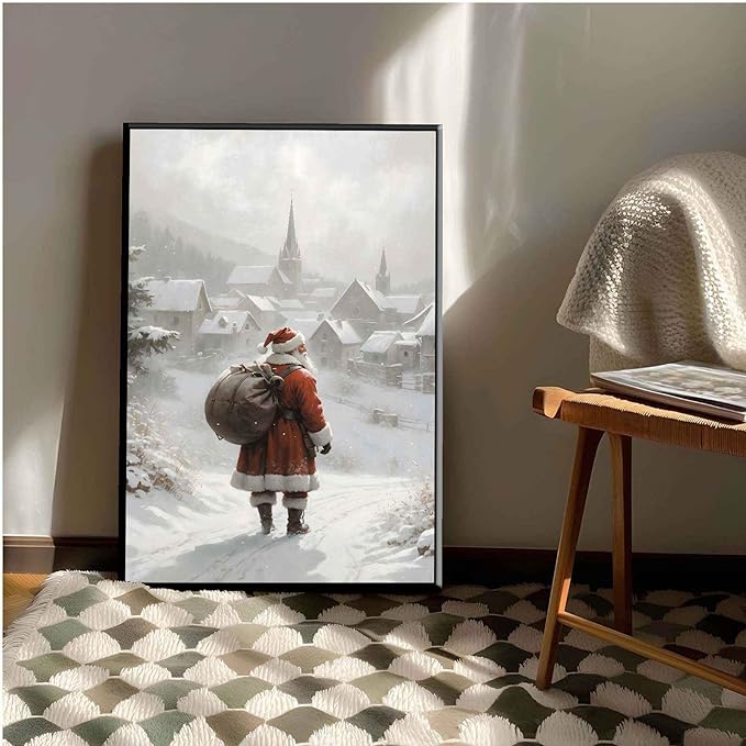 Framed Canvas Wall Art Vintage Santa Claus Wall Art Farmhouse Christmas Print Festive Holiday Home Decor Santa Claus Painting 12x18in Metal blackFramed