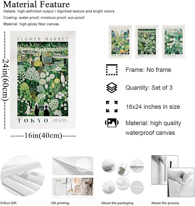 XLARTMY Flower Market Wall Art Prints Canvas Green Yellow White Floral Paintings Colorful Botanical Travel Flower Posters for Home Decor Pictures Set of 3 for Living Room Bedroom 16x24in Unframed