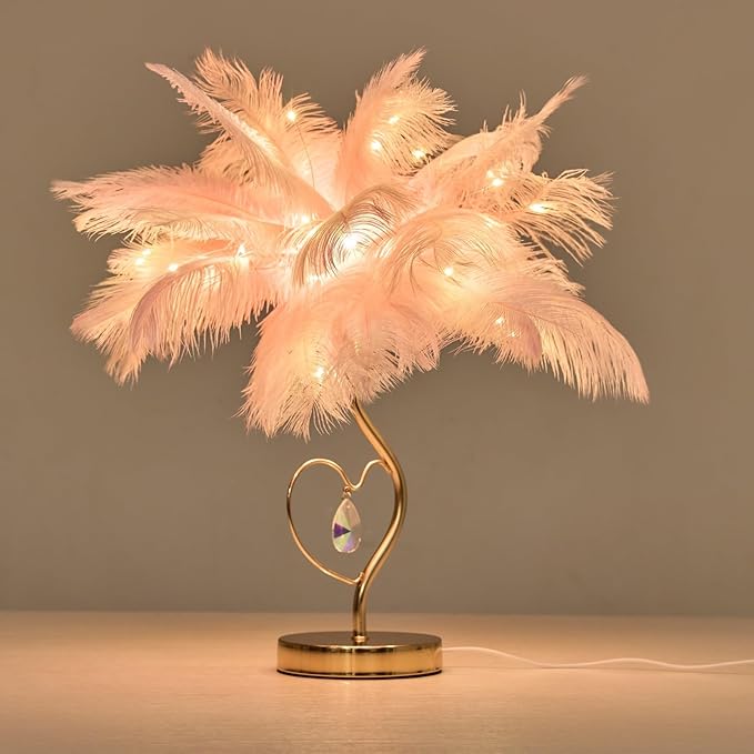 Pink Ostrich Feather Lamp Creative Furry Bedside Lamp Romantic Feather Table Lamp Fluffy Nightstand Light for Girl Bedroom Wedding Decor Valentines Dating Livingroom Hotel Office Christmas