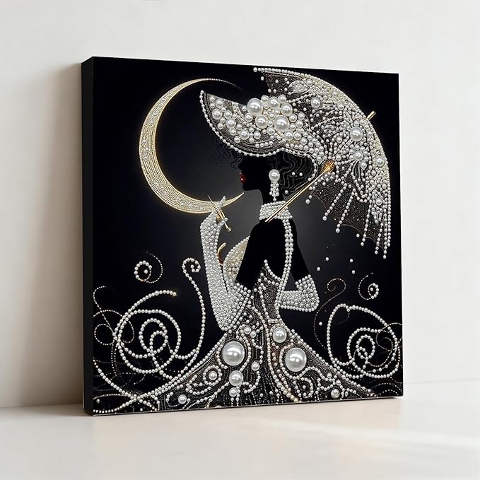 DIY Pearl Painting Kit with Wooden Frame, 3D Plastic Pearl Gemstone Ocean Art Craft for Adults Beginners, Diamond Art Kits for Adults, Home Wall Decor Ready Gift for Women(Moon Umbrella Woman)(30*30cm
