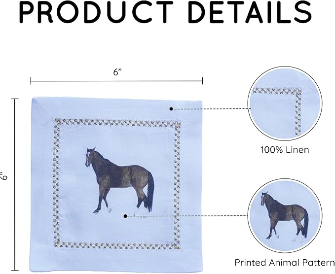 Cocktail Napkins Set of 6, 6x6 inch, 100% Pure Cotton, Printed Animal Pattern, Reusable & Washable Cloth Coasters for Beverages, Hosting, Gifting & Everyday Use (Horse)