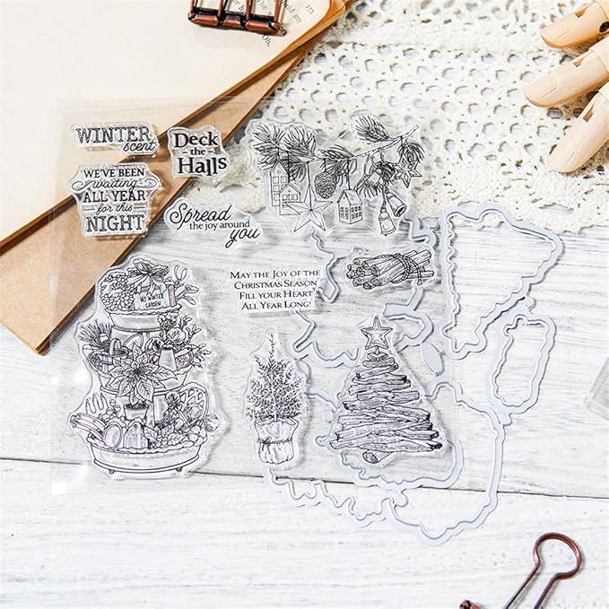 Christmas Platter Wooden Sticks Stamps and Cutting Dies for Card Making DIY Transparent Silicone Clear Stamp and Metal Die Cuts Sets for Scrapbooking Paper Greeting Cards Decor Seals Craft Supplies
