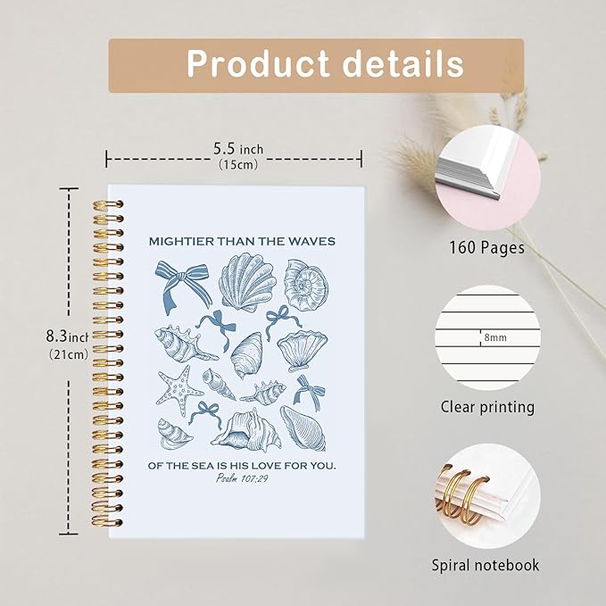 MOFUYU Bible Journal for Women,Blue Coquette Notebook for Girls, Aesthetic Stationery Gift, Cute Beach Seashell,Christian Spiral Notepad A5,Ocean Vibes Writing Journal for Teens Women 5.5x8.3 Inch