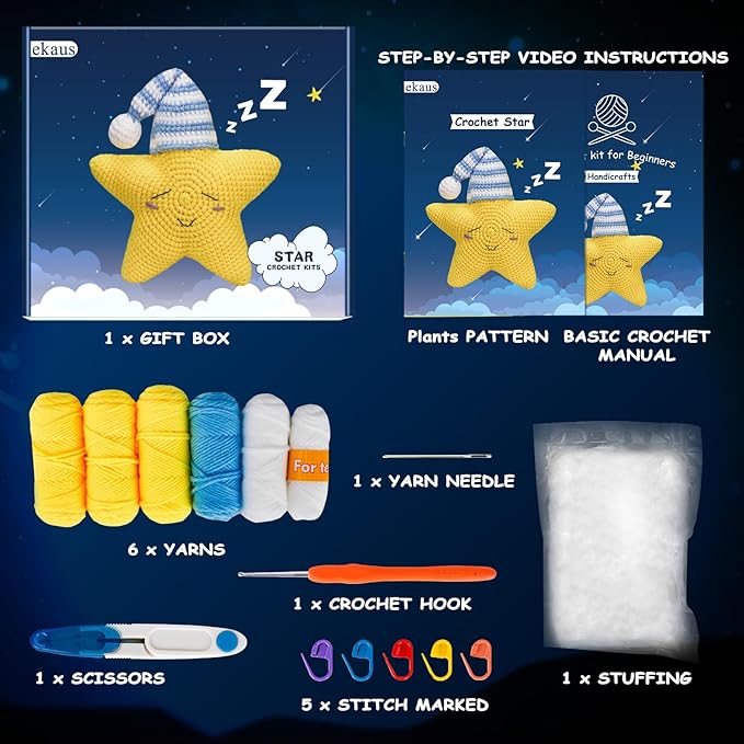 ekaus Crochet Kit for Beginners, Crochet Kit with Step-by-Step Video Tutorials, Crochet DIY Knitting Supplies for Adults, Crochet Star(45%+ Yarn)