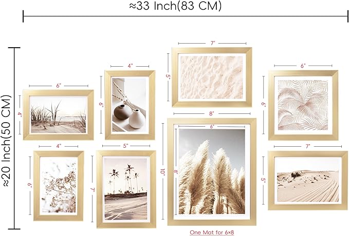 ArtbyHannah Gallery Wall Frame Set, 8 Pack Picture Frames Collage Wall Art Decor with Neutral Pampas Grass for Bedroom, Assorted Size Including 8"x10", 5"x7", 4"x6", 6"x6"(Gold Frame,Small)