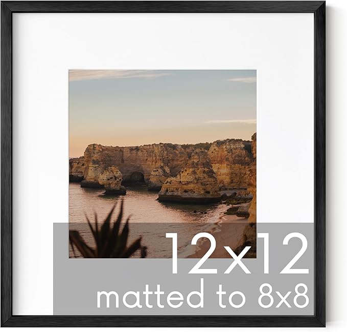 HAUS AND HUES 12x12 Black Metal Picture Frame Matted to 8x8 - Features Premium Aluminum & Hanging Hardware, Shatterproof Plexiglass - Ideal for Home, Room, Office (12x12 in, Black, Set of 1)