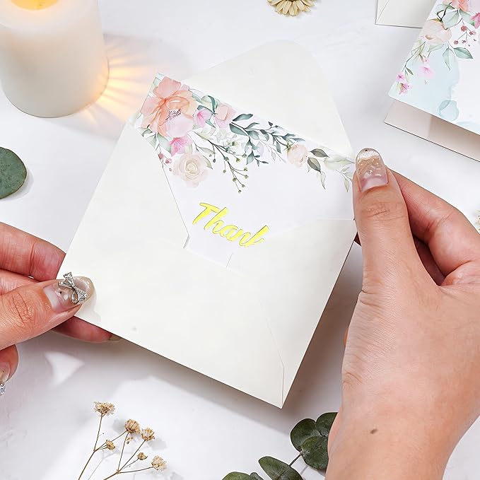 20 Pack Flower Thank You Cards with Envelopes and Stickers 3.66x2.76'' Gold Foiled Greeting Card Wildflower Thank You Cards Set Mixed Color Gift Card for Friends Family