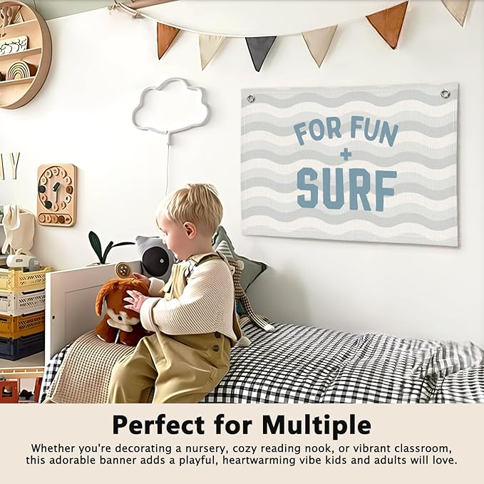 Coastal Beach for Fun Surf Minimalist Waves Kids Room Decor - Linen Banner Wall Hanging Canvas Banner Flag Decor for Kids Toddler Bedroom Nursery Playroom