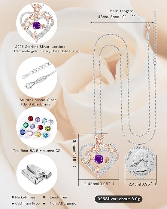 Mothers Day Gifts for Mom - Rose Heart Necklaces for Women, 925 Sterling Silver Birthstone Jewelry to My Wife Necklace, Birthday Gifts for Mother Grandma Girlfriend Her