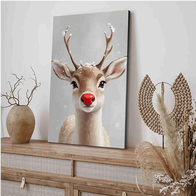 Canvas Wall Art Red Nosed Reindeer Christmas Farmhouse Mantle Canvas Wall Art Print Farmhouse Christmas Poster 24x36in-UnFramed