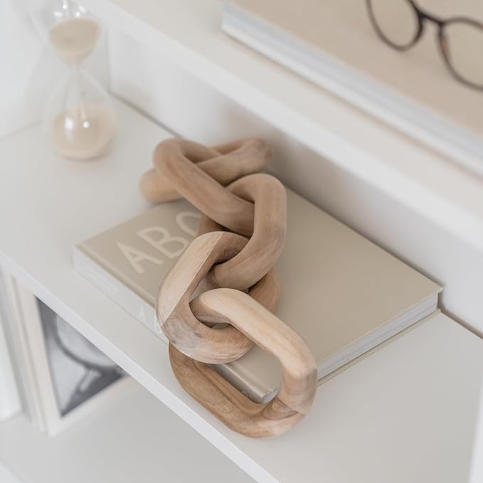 PEAKOLY Book Shelf Decor Items - Acacia Wood Chain Link Decor, Coffee Table Accessories, Bookshelf Decors, Sculpture for Shelves, Wooden Decorative Objects, Link Ornament, Living Room Accents
