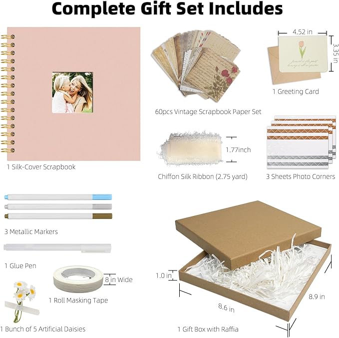 Vienrose 8 x 8 Inch Scrapbook Album Gift Set, Linen Hardcover Photo Book with 40 White Pages, DIY Memory Book Kit with Accessories for Wedding, Baby Shower, Travel, Christmas (Pink, 20 Sheets)