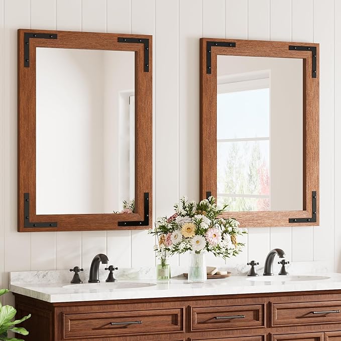 Farmhouse Bathroom Mirror,20"x28" Brown Wood Frame Rectangle Wall Mirror for Living Room Bedroom Entryway, Waterproof, Easy to Install