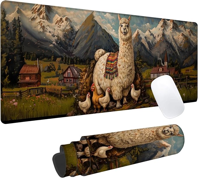 Alpaca & Chicken Gaming Mouse Pad, Office Desk Mat, Anti-Slip Rubber Base Cool Aesthetic Mouse Pads for Computer Laptop Keyboard School Home Desktop Gamer Home Accessories Decor 31.5" x 11.8"
