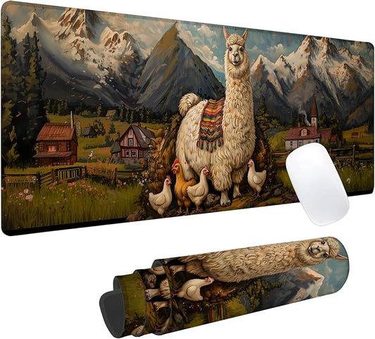Alpaca & Chicken Gaming Mouse Pad, Office Desk Mat, Anti-Slip Rubber Base Cool Aesthetic Mouse Pads for Computer Laptop Keyboard School Home Desktop Gamer Home Accessories Decor 31.5" x 11.8"