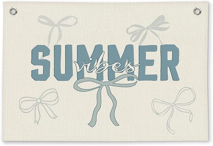 Coastal Preppy Beach Summer Vibes Coquette Minimalist Bow Girls Room Decor - Linen Banner Wall Hanging Canvas Banner Flag Decor for Toddler Girls Dorm Bedroom Nursery Playroom