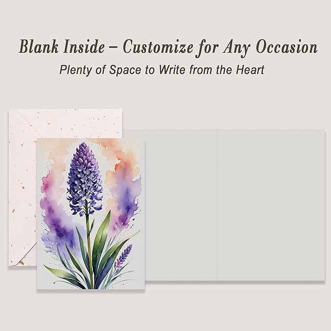 Elegant Blank Inside Greeting Card with Envelope, 5x7 Inch Watercolor Hyacinth Card – All Occasion, Birthday, Sympathy, Thank You - Single Card