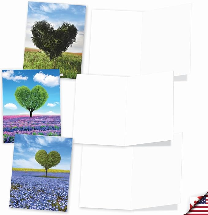 The Best Card Company - 20 Cute Boxed Cards (4 x 5.12 Inch) - Assorted Blank Set (10 Designs, 2 Each) - Heart Trees AM8994OCB-B2x10