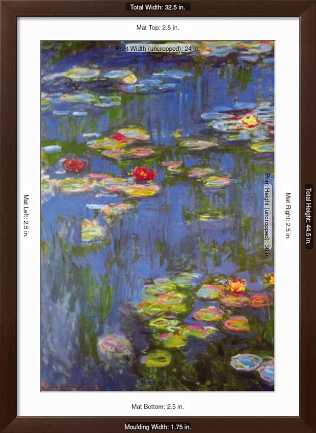 ART.COM Wall Art Print Water Lilies No. 3 on Brown Frame by Claude Monet, 32" x 44"