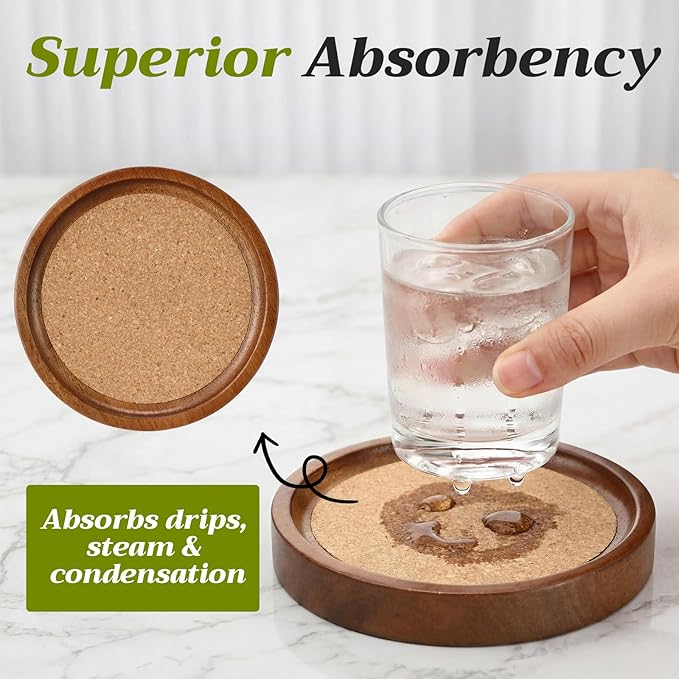 Zhehao 16 Pcs Acacia Wood Coasters Bulk 4 Inch Wooden Stackable Reusable Drink Coasters for Coffee Tea Table Protection Table Bar Home Desk Supplies Housewarming Gifts(Soft Cork)