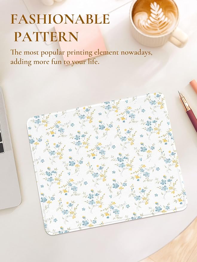 Elegant Blue Flowers Mouse Pad, Waterproof Aesthetics Yellow Floral Mouse Pads Design, Non-Slip Rubber Base Computer Simple Funny Mousepad,Small Mouse Mat Desk Accessories Office Supplies