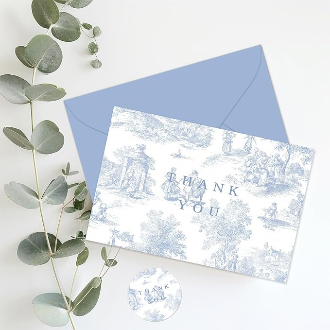 Whaline 24 Pcs Blue Chinoiserie Thank You Cards Greeting Cards with Envelopes Stickers Blue White Vintage Blank Note Card for Wedding Bridal Baby Shower Birthday Party, 4 x 6 Inch