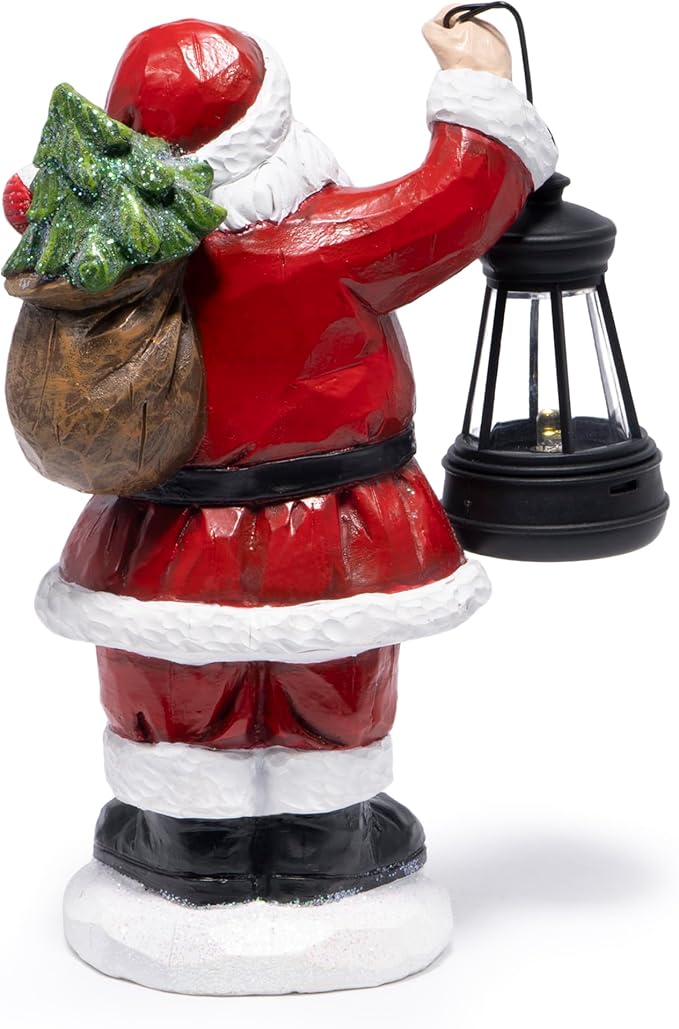 Hodao Christmas Santa Figurine with Lantern, Hand-Painted Resin Santa Claus Statue Holding Gift Bag, Holiday Tabletop Decoration for Home, Mantel, Shelf, Décor Accent