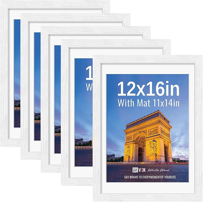 VCK 12x16 Picture Frames White Set of 5, Wide Border Wood, Tempered Glass, Display 11x14 Photo with Mat or 12 x 16 without, for Home, Office, Gallery, Woodgrain Series, Wall Hanging