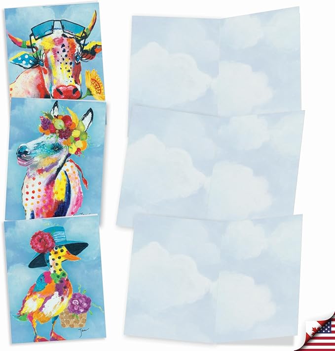 The Best Card Company Assorted Blank Greeting Card Box Set - Incl. 20 Cards + Envelopes - 10 Unique Designs - Perfect for Thank Yous, Invitations, More - Funny Farm AM6563OCB-B2x10