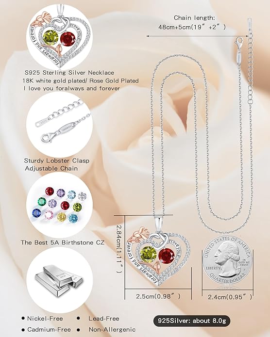 Women's Birthstone Necklace, Holiday Gift for Girlfriend, 925 Sterling Silver Heart Rose Necklace, Anniversary Birthday Gift for Wife, Daughter