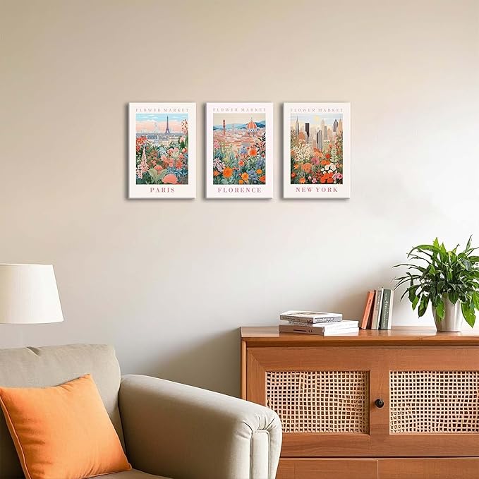 XLARTMY Flower Market Wall Art Prints Canvas Orange and Pink Floral Paintings Colorful Botanical Travel Flower Posters for Home Decor Pictures Set of 3 for Living Room Bedroom 12x16in