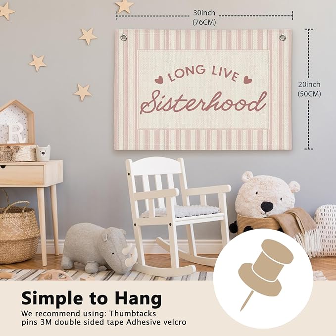 Long Live Sisterhood Preppy Pink Striped Girls Room Decor - Linen Banner Wall Hanging Canvas Banner Flag Decor for Toddler Girly Bedroom Playroom Nursery Dorm Apartment