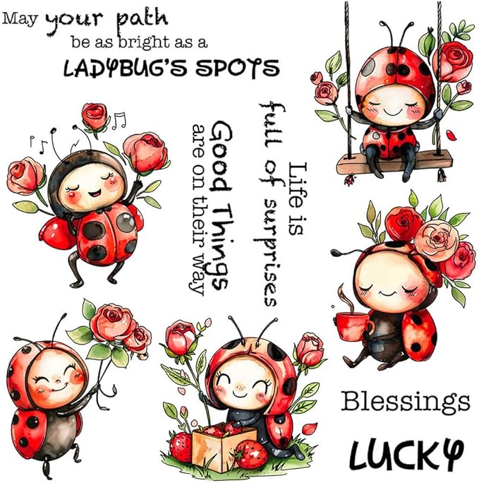 Ladybug Rose Flower Stamps and Cutting Dies for Card Making DIY Transparent Silicone Clear Stamp and Metal Die Cuts Sets for Scrapbooking Paper Greeting Cards Decor Seals Craft Supplies