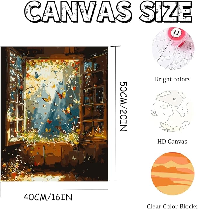 Mosaflare Paint by Numbers for Adults Beginner, Butterfly Window Scene Adult Paint by Number Kits on Canvas, DIY Acrylic Oil Easy Painting by Numbers for Home Wall Decor 16X20 inch (Without Frame)