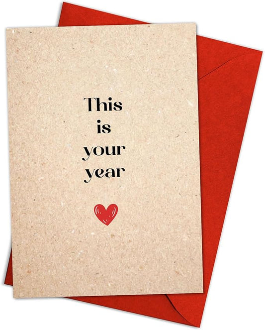 (5.3x8in) This Is Your Year Card, Minimalist Kraft Paper Motivational Greeting with Red Heart, Positive Encouragement Card for New Year, Promotion or Life Change with Envelope (Xmas 44)