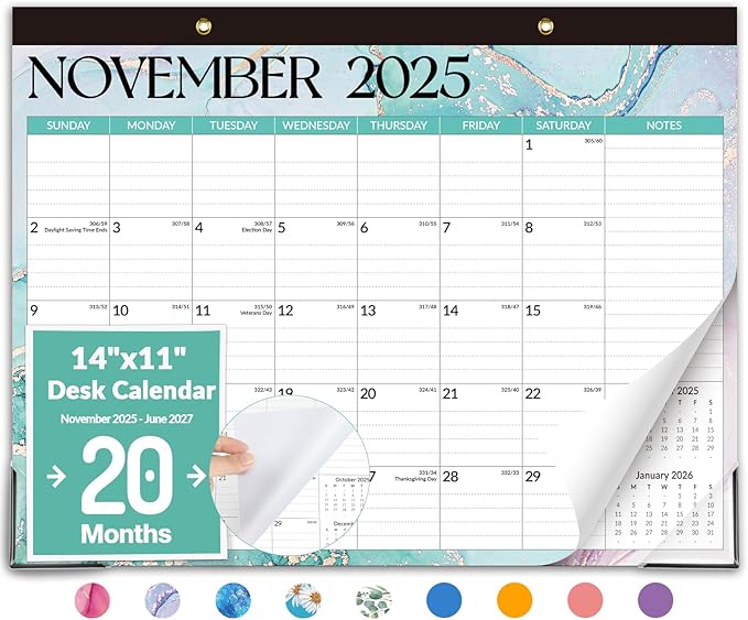 Forvencer Desk Calendar 2026, 20 Months Calendar, Nov. 2025-Jun. 2027, 14" x 11" Wall Calendar 2026 Monthly Planner with Plastic Cover & Stickers & Thick Paper for Office Home School Supplies, Marble