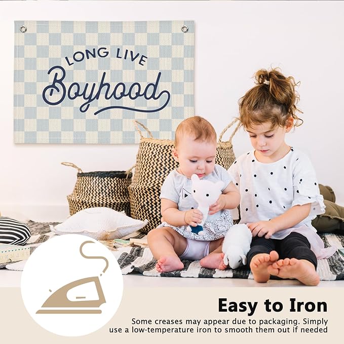Long Live Boyhood Blue Checkered Boys Room Decor - Linen Banner Wall Hanging Canvas Banner Flag Decor for Toddler Boy Bedroom Nursery Playroom