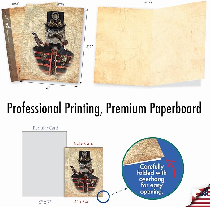 The Best Card Company - 10 Adorable Blank Cat Cards (4 x 5.12 Inch) - Cute Pet Kittens, Assorted Bulk Notecard Set - Steampunk Cats M6554OCB